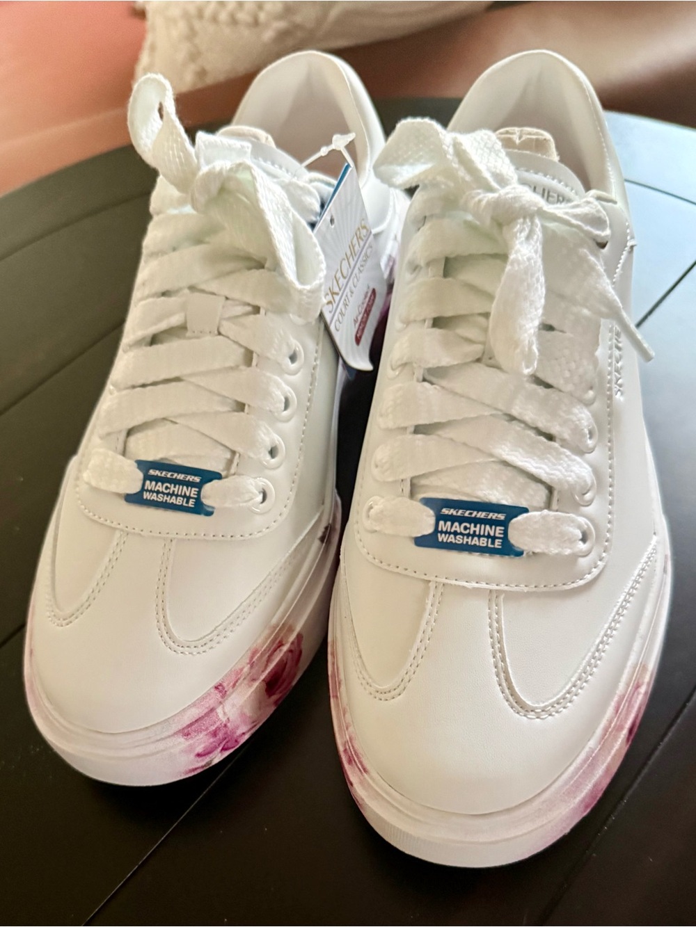 Skechers Women’s White Sneakers with Pink Tie-Dye Accent